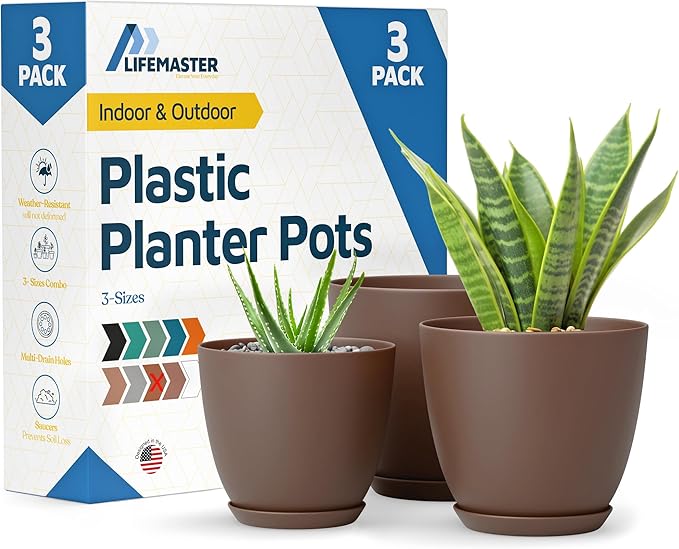 Brown Plant Pots with Drainage Holes & Saucers 3 Pack, Indoor & Outdoor by LIFEMASTER