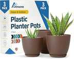 Brown Plant Pots with Drainage Holes & Saucers 3 Pack, Indoor & Outdoor by LIFEMASTER