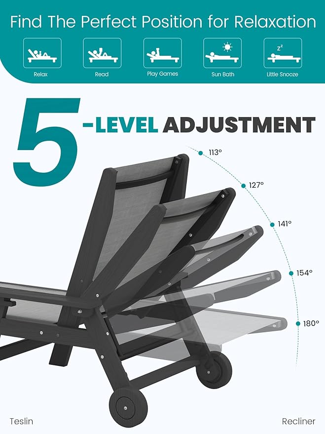 SERWALL Textilene Patio Chaise Lounge Chair Set of 2, 5 Positions Outdoor - Image 4