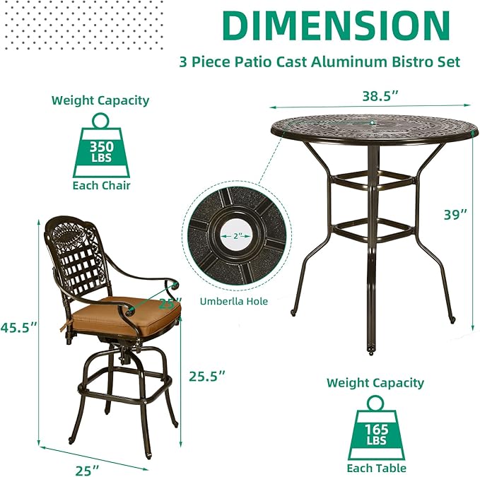 VIVIJASON 3-Piece Outdoor Swivel Bar Stools Set, All Weather Cast Aluminum - Image 6