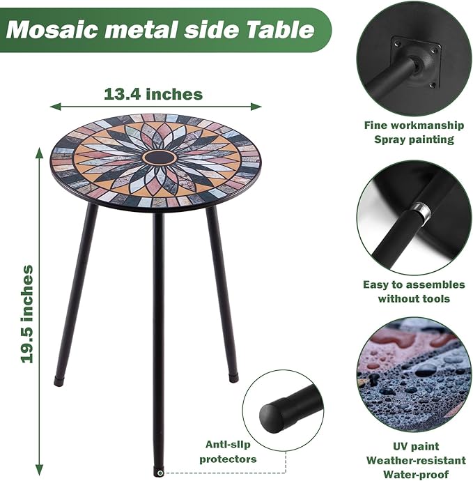 Party Zealot 1 Pack Metal Mosaic Round Side Table Small 13.4" End Patio Round - Image 3