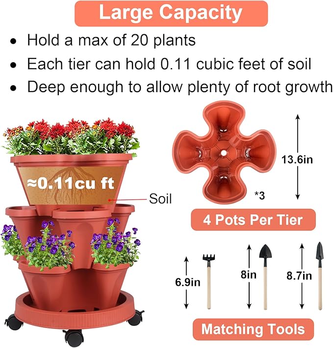 GameXcel Vertical Planter 3 Tier Stackable Planters Garden Planters Strawberry - Image 5