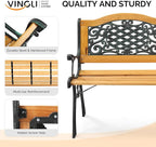 VINGLI Classic Cast Iron & Teak Arched Back Rectangular Outdoor Bench, 470 lbs - Image 4