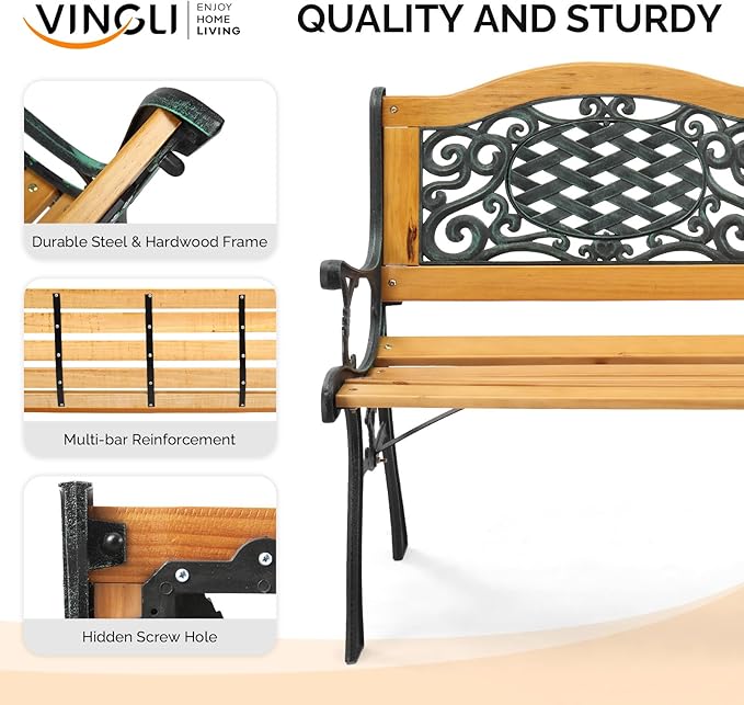 VINGLI Classic Cast Iron & Teak Arched Back Rectangular Outdoor Bench, 470 lbs - Image 4
