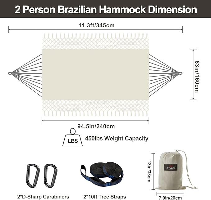 Brazilian Double Hammock with Tree Straps, Extra Large 94x63IN, 2 Persons - Image 3