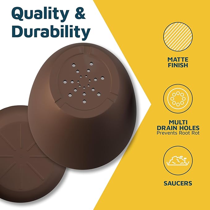 Brown Plant Pots with Drainage Holes & Saucers 3 Pack, Indoor & Outdoor - Image 7