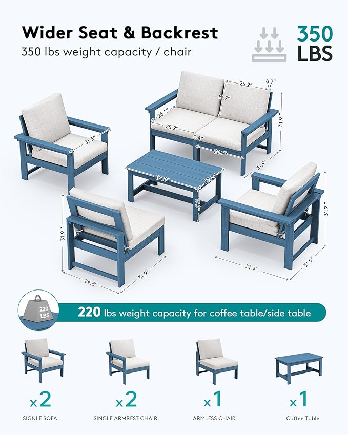SERWALL HDPE Patio Conversation Set, 6-piece Sectional Outdoor Furniture Set - Image 2