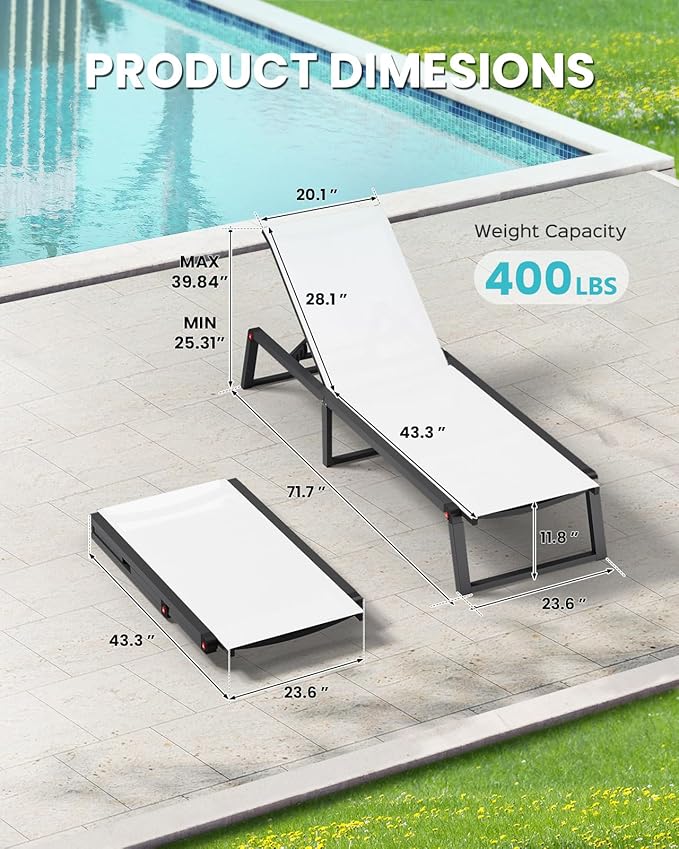 Aluminum Chaise Lounge Outdoor Set of 2, Foldable & Assembly Free Patio Pool - Image 2