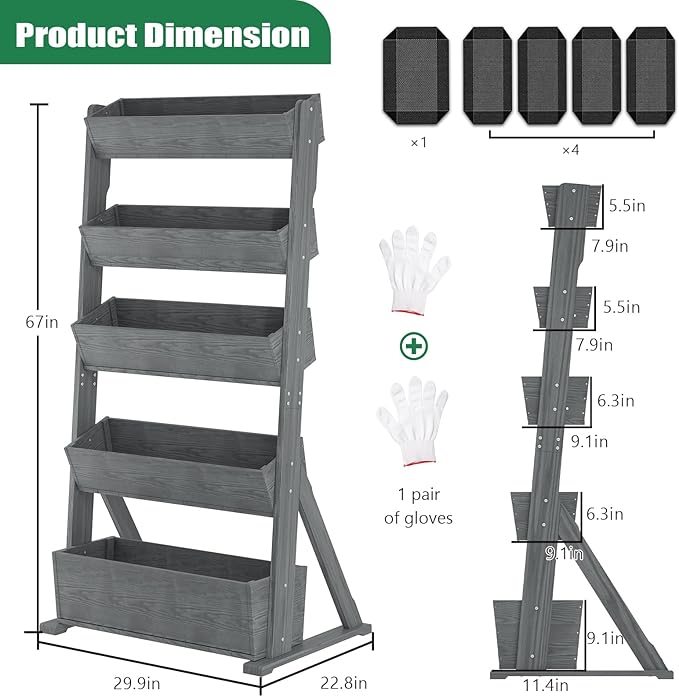 SUNYRISY 5 Tiers Vertical Raised Garden Bed Outdoor Planter Tower, Wooden - Image 6