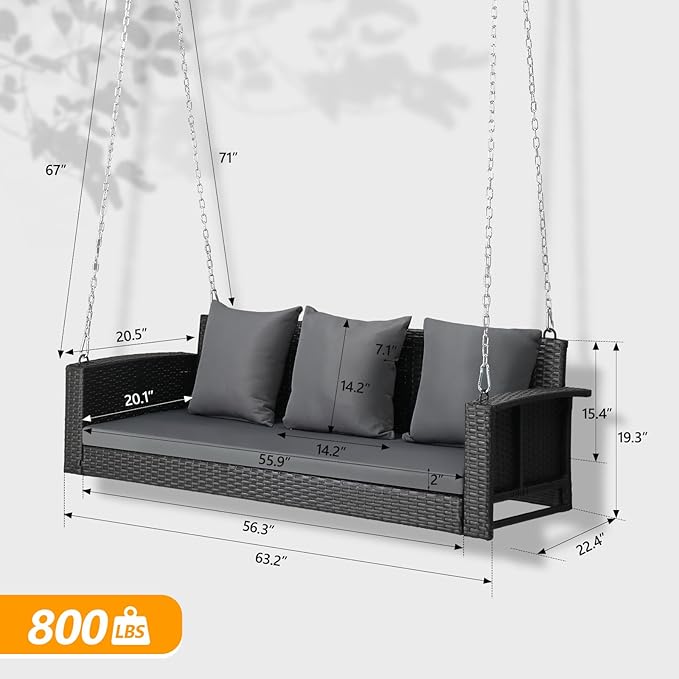 VINGLI Heavy Duty 800 LBS Wicker Hanging Porch Swing - Image 5