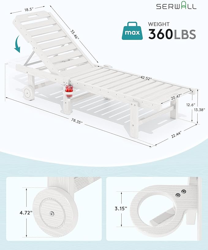 SERWALL Outdoor Chaise Lounge Set of 6, HDPE Pool Lounge Chair - Image 2