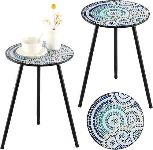 2 Packs Metal Mosaic Round Side Tables 13.4" Small Outdoor Patio Round Accent by PartyZealot