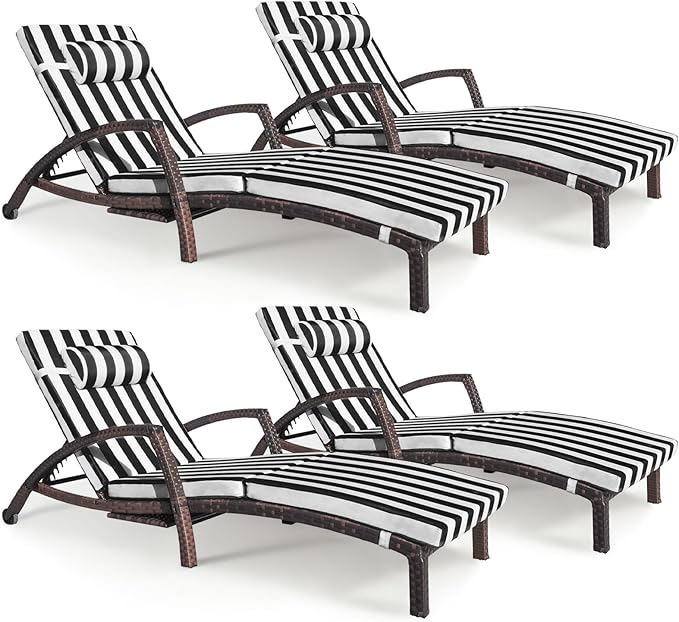 Chaise Lounge Chairs Outdoor Set of 4, Comfy Outside Wicker Patio Pool Lounge by ZZWHOM