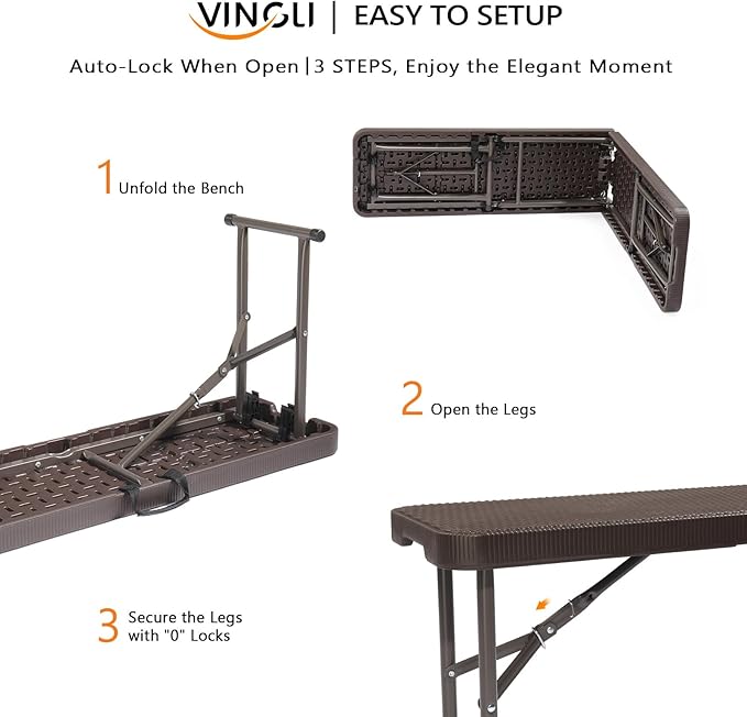 VINGLI 6 feet Plastic Folding Bench, Portable in/Outdoor Picnic Party Camping - Image 9