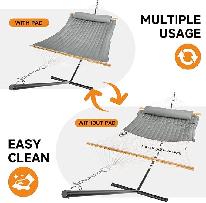 2 Person Outdoor Hammock with Stand, Cotton Rope Hammock with Polyester Pad - Image 2