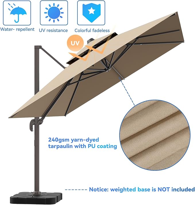10x13FT Cantilever Outdoor Patio Umbrellas, Double Top Large Rectangle Umbrella - Image 7
