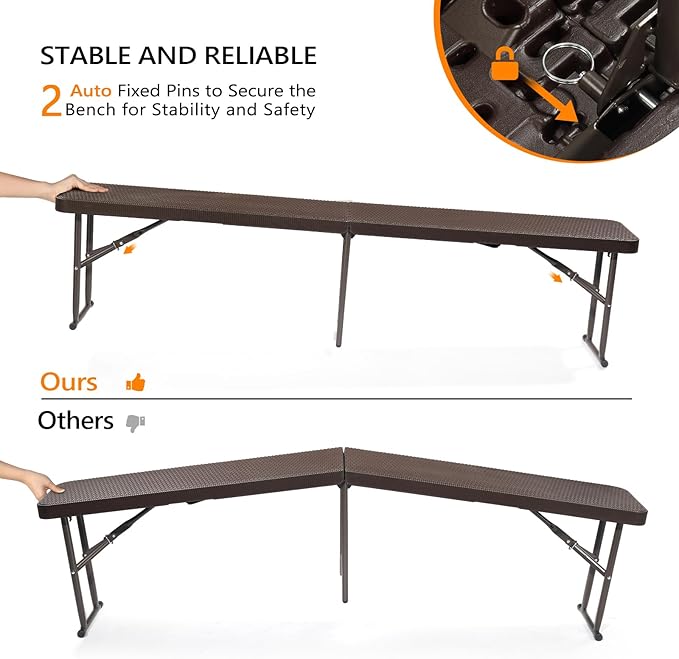 VINGLI 6 feet Plastic Folding Bench, Portable in/Outdoor Picnic Party Camping - Image 5