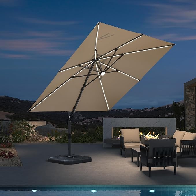 PURPLE LEAF 10 Feet Patio Umbrella Outdoor Cantilever Solar Powered LED Square by PURPLELEAF