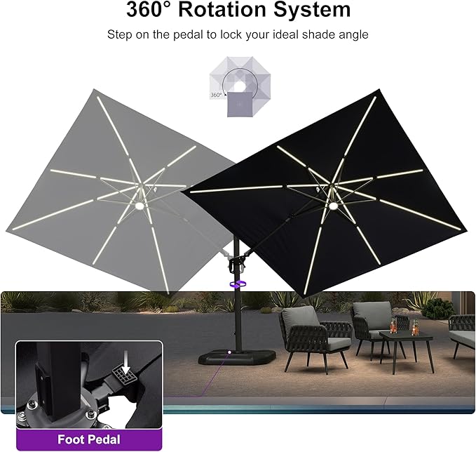 PURPLE LEAF 10 Feet Patio Umbrella Outdoor Cantilever Solar Powered LED Swivel - Image 8