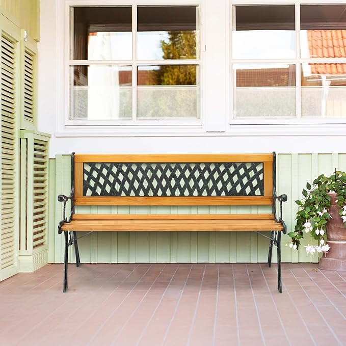 VINGLI Outdoor Bench Metal Garden Bench, Wood Patio Benches w/PVC Backrest Cast - Image 2