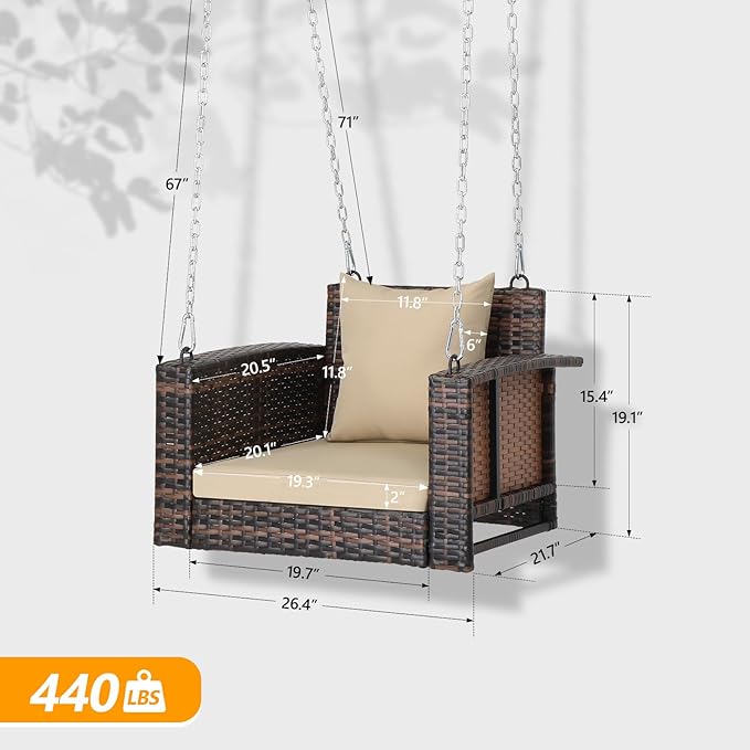 VINGLI 2.2 FT 1-Person Use Rattan Porch Swing Outdoor Support 440 LBS - Image 2