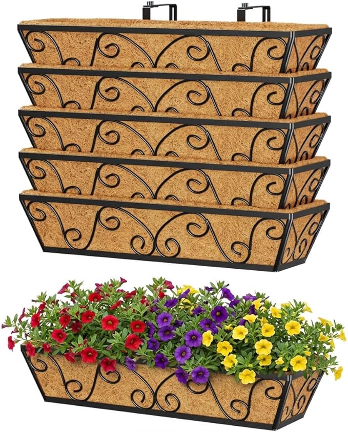 Y&M 24 Inch Window Deck with Coco Liner, Fence Metal Hanging Flower Planter by YM