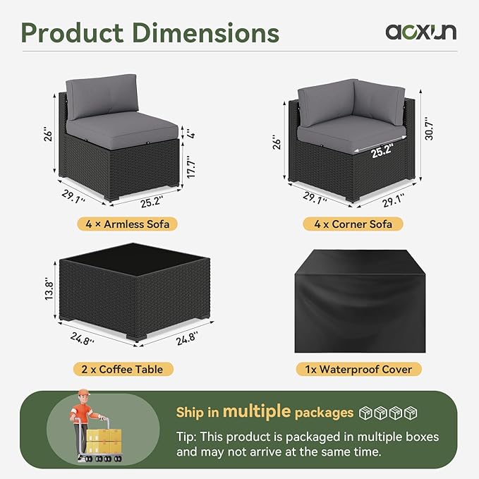 Aoxun 10 Piece Patio Furniture Set Wicker Rattan Patio Sectional Sofa Set - Image 2