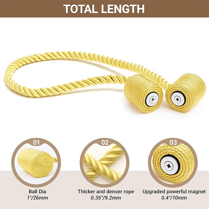 Hion Magnetic Curtain Tiebacks Golden 4 Pack, Curtain Tiebacks Buckles - Image 3