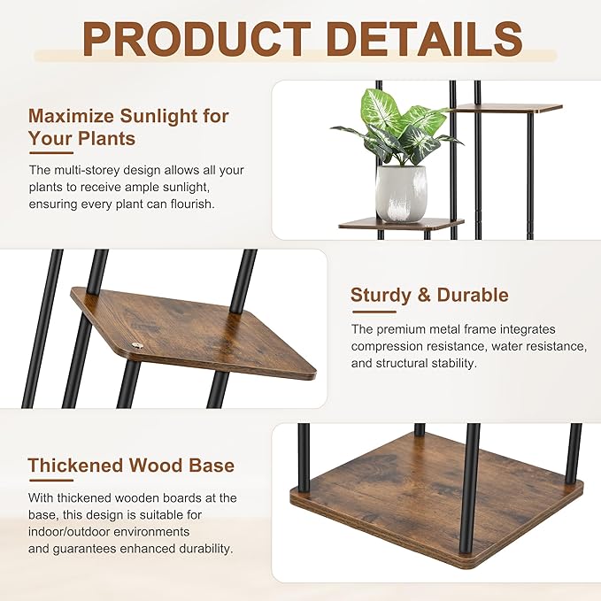 6 Tier Plant Stand Indoor Outdoor, Wood Metal Corner Shelf, Planter Shelf - Image 4