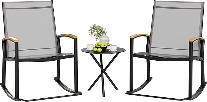 Shintenchi 3 Piece Outdoor Rocking Bistro Set, Textilene Fabric Small Patio by Shintenchi