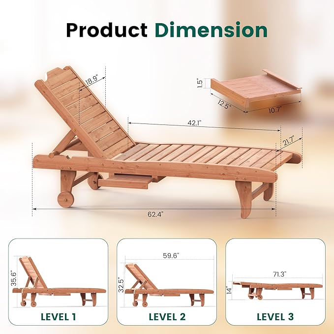 Wooden Chaise Lounge Chair, 3-Position Adjustable Outdoor Tanning Chair - Image 3