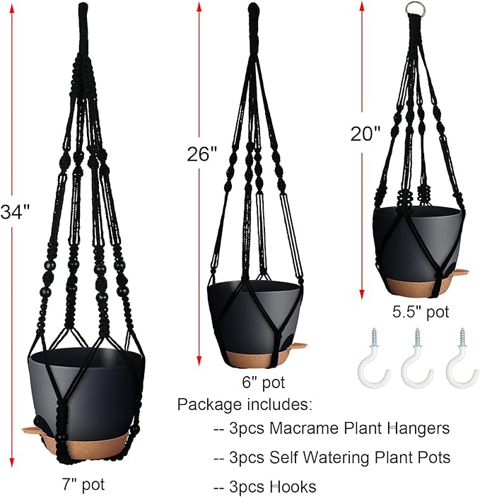 3 Pack Self Watering Hanging Planters Macrame Plant Hangers - Image 5