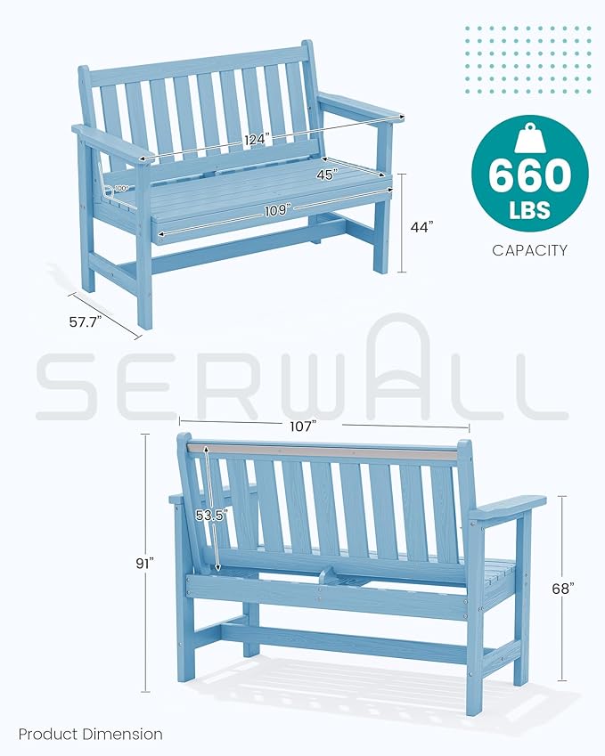 SERWALL Outdoor Bench, HDPE Outdoor Benches Weatherproof, 2-Person Garden Bench - Image 3