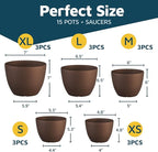 Brown Plant Pots with Drainage Holes & Saucers 15 Pack, Indoor & Outdoor - Image 2