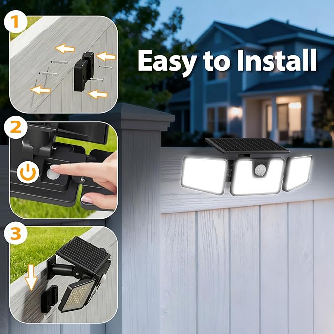 INCX Solar Motion Sensor Lights Outdoor, 3 Heads Security Lights Solar Powered - Image 5