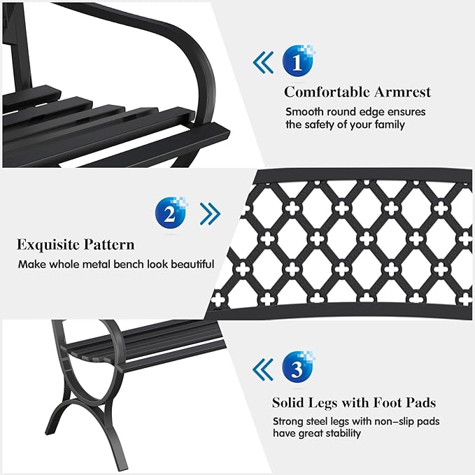 On Shine 50'' Patio Garden Bench, Loveseats Patio Park Bench, Metal Bench - Image 4