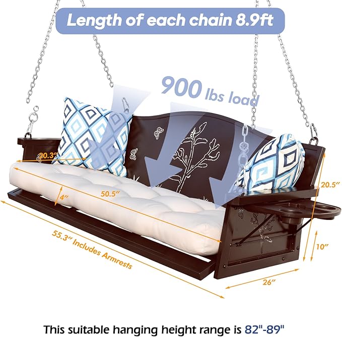 3-Seat Metal Porch Swing 900 LBS Heavy Duty Hanging Bench - Image 7