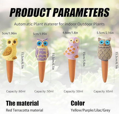 4 Pack Handmade Terracotta Owl Watering Spikes and Globes, Self-Watering Plant - Image 2