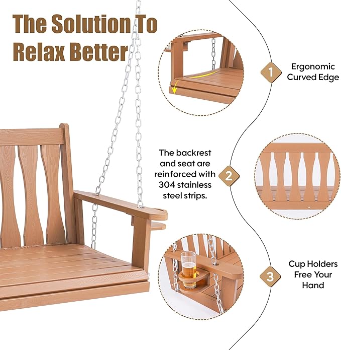 HIPS All-Weather Outdoor Hanging Porch Swing, 2 Seat Hanging Swing Bench - Image 4