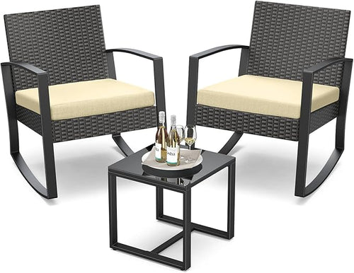 3 Pieces Porch Furniture Set Patio Rocking Bistro Set Outdoor Patio Chairs by Qsun