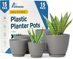 Gray Plant Pots with Drainage Holes & Saucers 15 Pack, Indoor & Outdoor by LIFEMASTER