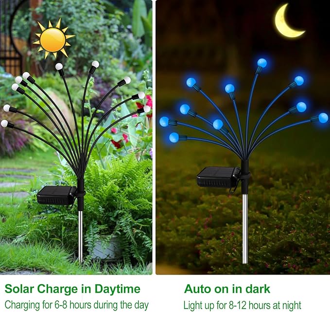 Kohlrabi Solar Garden Lights Outdoor, 10 Pack 80 LED Blue Firefly Lights - Image 3