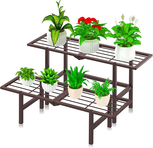 2 Tier Plant Stand Indoor Outdoor, Foldable Metal Separated Ladder Plant Stands by JSYONII