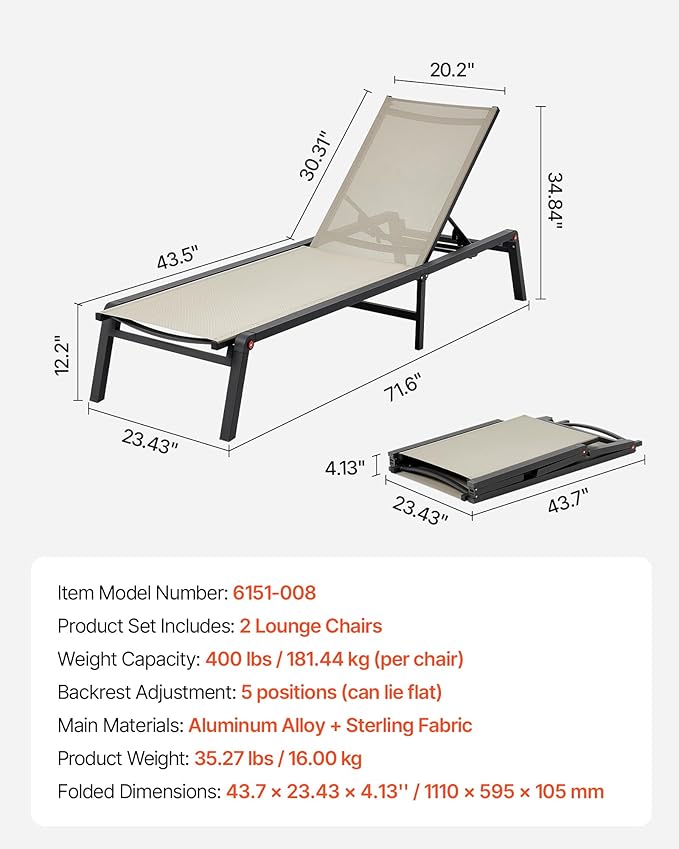 VEVOR Outdoor Chaise Lounge Chair Set of 2, 400 lbs Weight Capacity, Foldable - Image 3