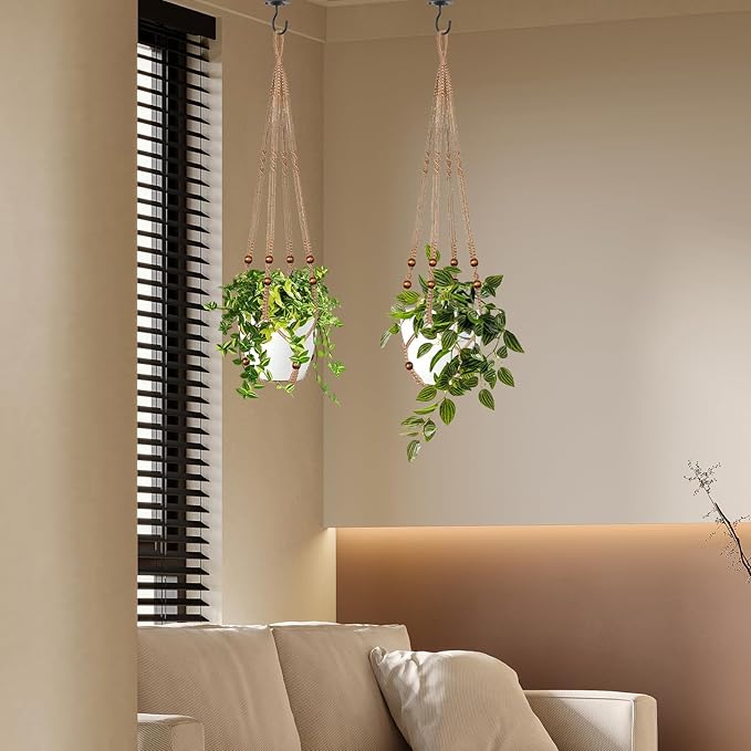 Jute Macrame Plant Hanger Indoor Set of 4 Hanging Planter Basket Flower Pot - Image 5