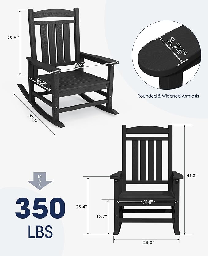 KINGYES HDPE Outdoor Rocking Chair, Widened Seat Patio Rocking Chair, Oversized - Image 3