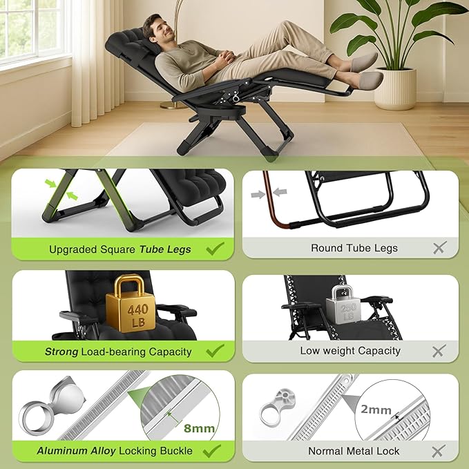 Suteck Zero Gravity Chair, Reclining Camping Lounge Chair w/Removable Cushion - Image 7