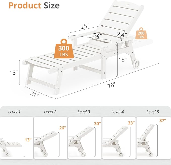 LUE BONA Outdoor Chaise Lounge, HDPS Chaise Lounger, 5 Positions Adjustable - Image 2