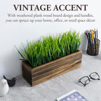 MyGift 14 Inch Artificial Green Grass Plant in Rustic Burnt Solid Wood - Image 2