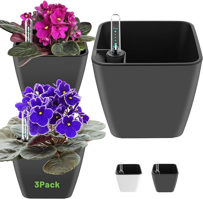 Self Watering Planters for Indoor Plants 5 inch 3 Pack Grey Planter by GsGardenSpecialty
